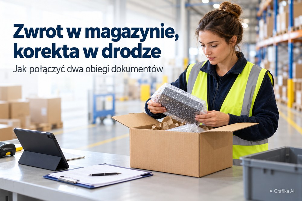 Kontrola zwróconego towaru przy stanowisku magazynowym – ilustracja AI