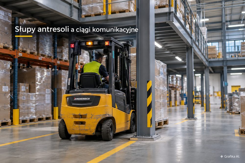 Wózek widłowy przejeżdżający obok słupa antresoli magazynowej